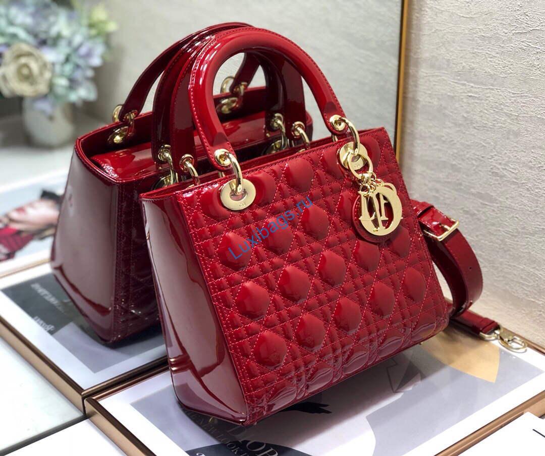 Dior M0565 Medium Lady Dior Patent Cannage Calfskin Bag Red | dior m0565 medium lady dior patent cannage calfskin bag 13