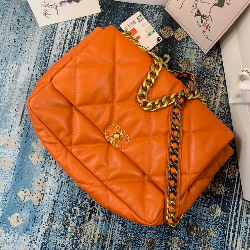 Chanel 19 Maxi Handbag Lambskin Gold AS1162 Orange | chanel 19 maxi handbag lambskin gold as1162 33