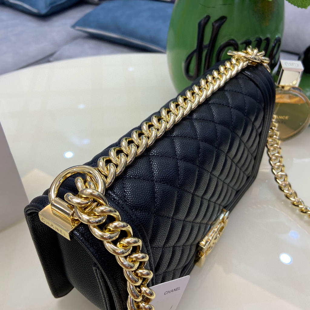 Chanel A67086 Boy Handbag Black Leather Light Gold | chanel a67086 boy handbag black leather 22