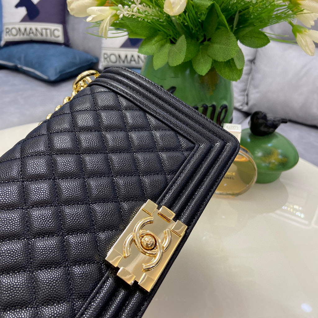 Chanel A67086 Boy Handbag Black Leather Light Gold | chanel a67086 boy handbag black leather 23