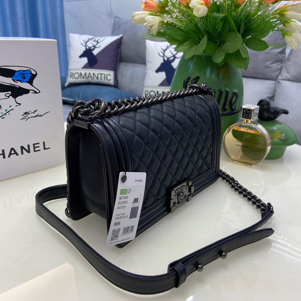 Chanel A67086 Boy Handbag Black Leather Light Black | chanel a67086 boy handbag black leather silver 12
