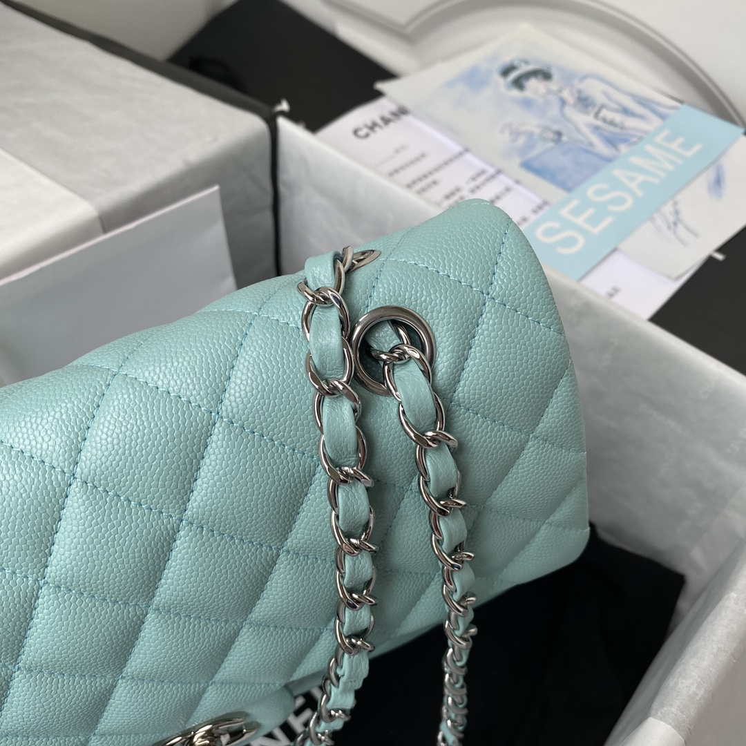 Chanel A01112 Flap Handbag Classic bag Grained shiny Calfskin Lake Blue Silver | chanel a01112 flap handbag classic bag grained shiny calfskin black silver 067