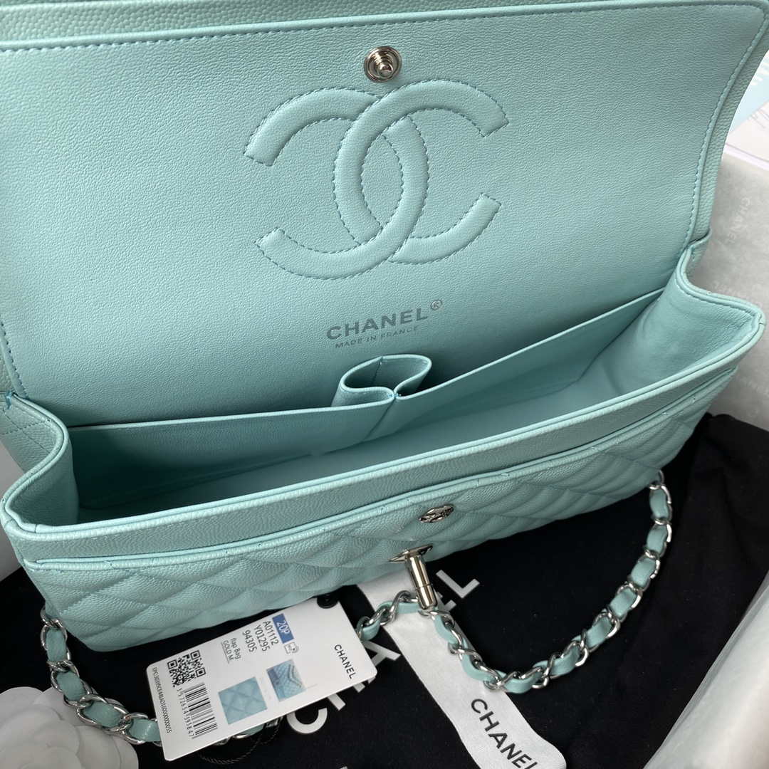 Chanel A01112 Flap Handbag Classic bag Grained shiny Calfskin Lake Blue Silver | chanel a01112 flap handbag classic bag grained shiny calfskin black silver 070
