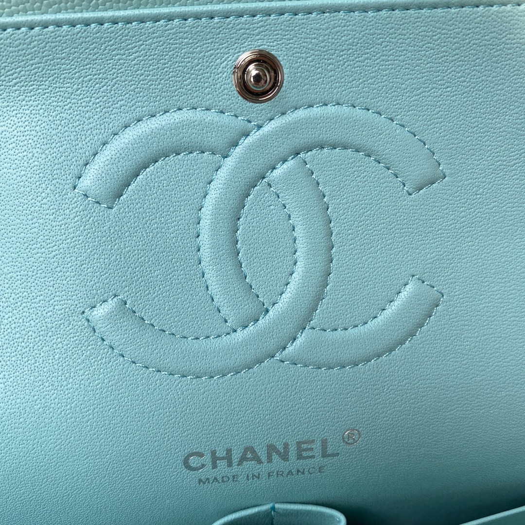 Chanel A01112 Flap Handbag Classic bag Grained shiny Calfskin Lake Blue Silver | chanel a01112 flap handbag classic bag grained shiny calfskin black silver 071