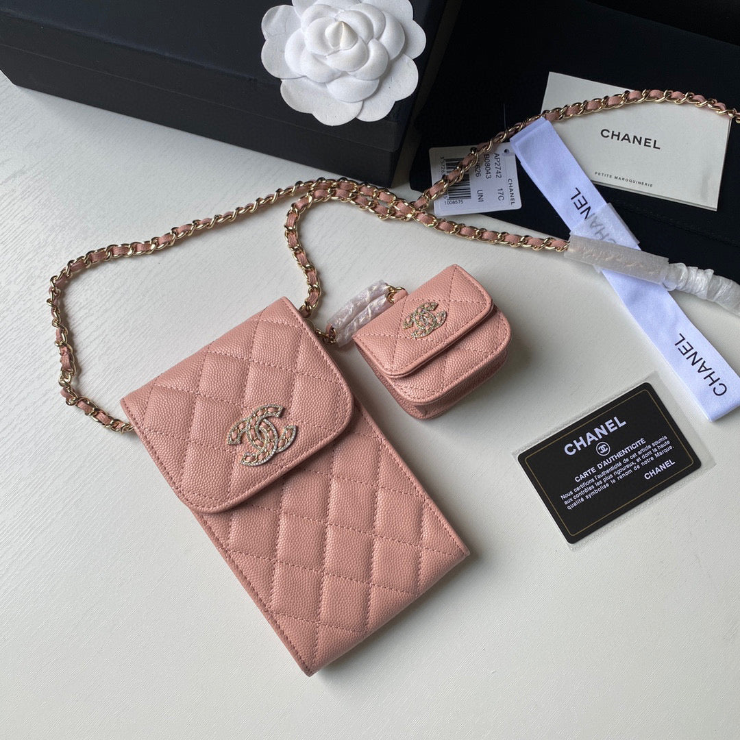 Chanel Phone Airpods Pro Case with Chain Grained Shiny Pink AP2742 | chanel ap2742 phone airpods pro case with chain grained shiny pink 03