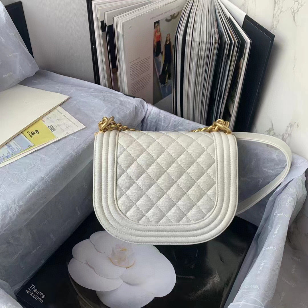 Chanel Small BOY CHANEL Messenger Bag AS3350 Lambskin White | chanel as3350 small boy chanel messenger bag lambskin white 04