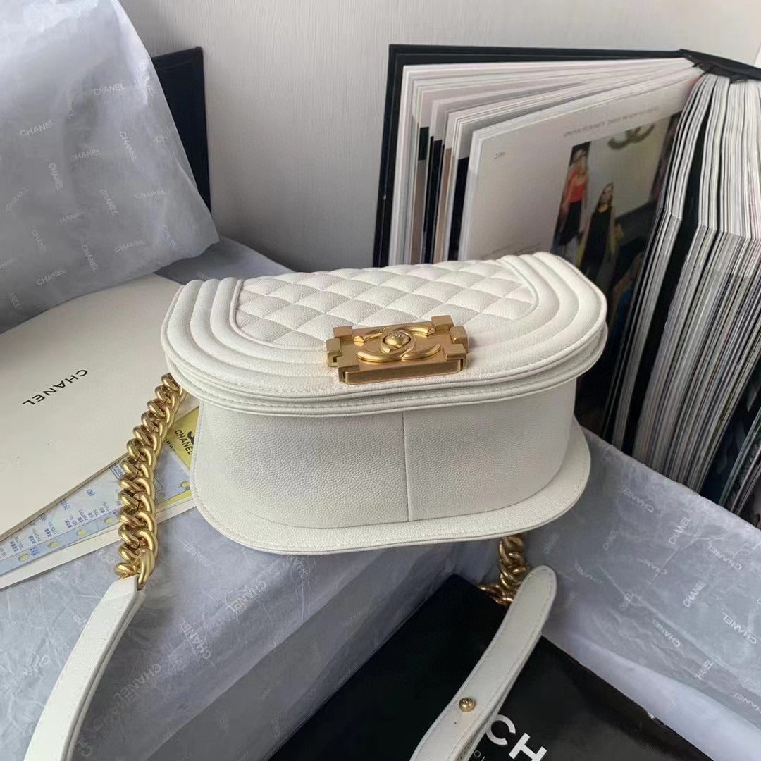 Chanel Small BOY CHANEL Messenger Bag AS3350 Lambskin White | chanel as3350 small boy chanel messenger bag lambskin white 05