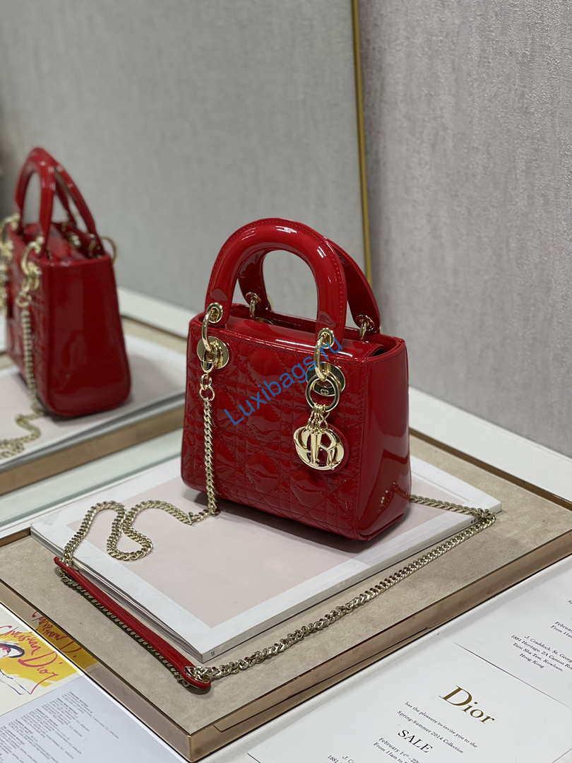 Dior Mini Lady Dior Bag M0505 Cherry red Patent Cannage Calfskin | dior m0505 mini lady dior bag patent cannage calfskin 039