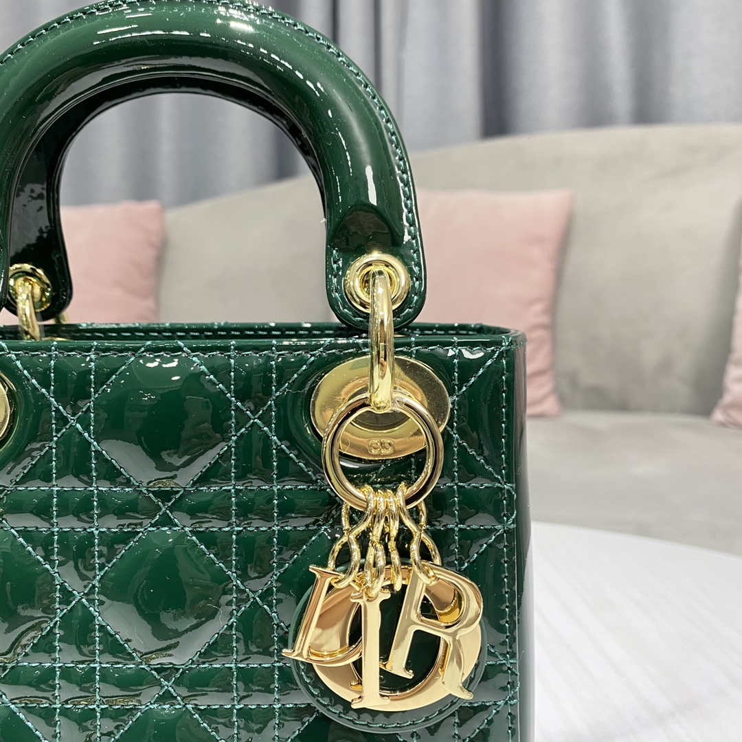 Dior M0505 Mini Lady Dior Bag Dark Green Patent Cannage Calfskin | dior m0505 mini lady dior bag patent cannage calfskin 132