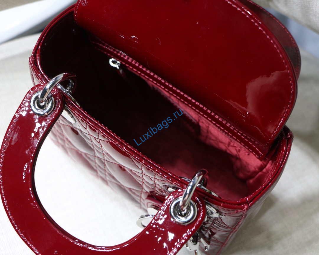 Dior M0505 Mini Lady Dior Bag Wine Red Patent Cannage Calfskin Silver | dior m0505 mini lady dior bag patent cannage calfskin 154