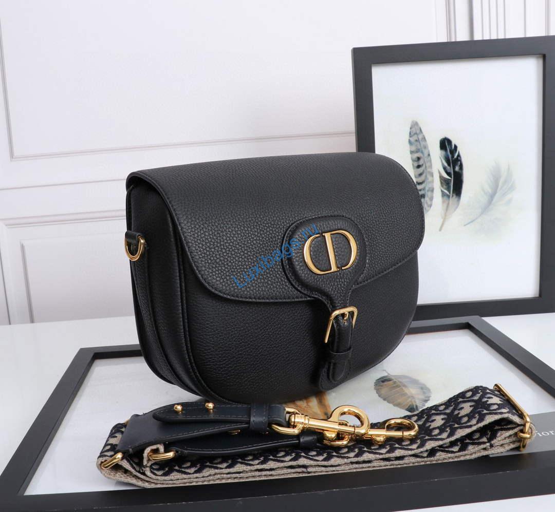 Dior M9320 Large Bobby Bag Black Grained Calfskin with Blue Dior Oblique Strap | dior m9320 large bobby bag black grained calfskin with blue dior oblique strap 1