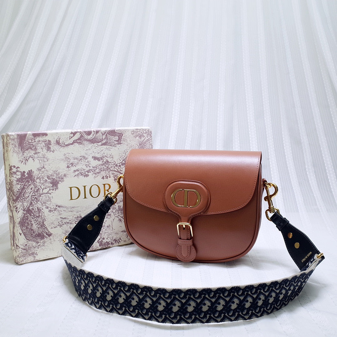Dior M9320 Large Bobby Bag Brown Box Calfskin with Blue Oblique Strap | dior m9320 large bobby bag brown box calfskin with blue oblique strap