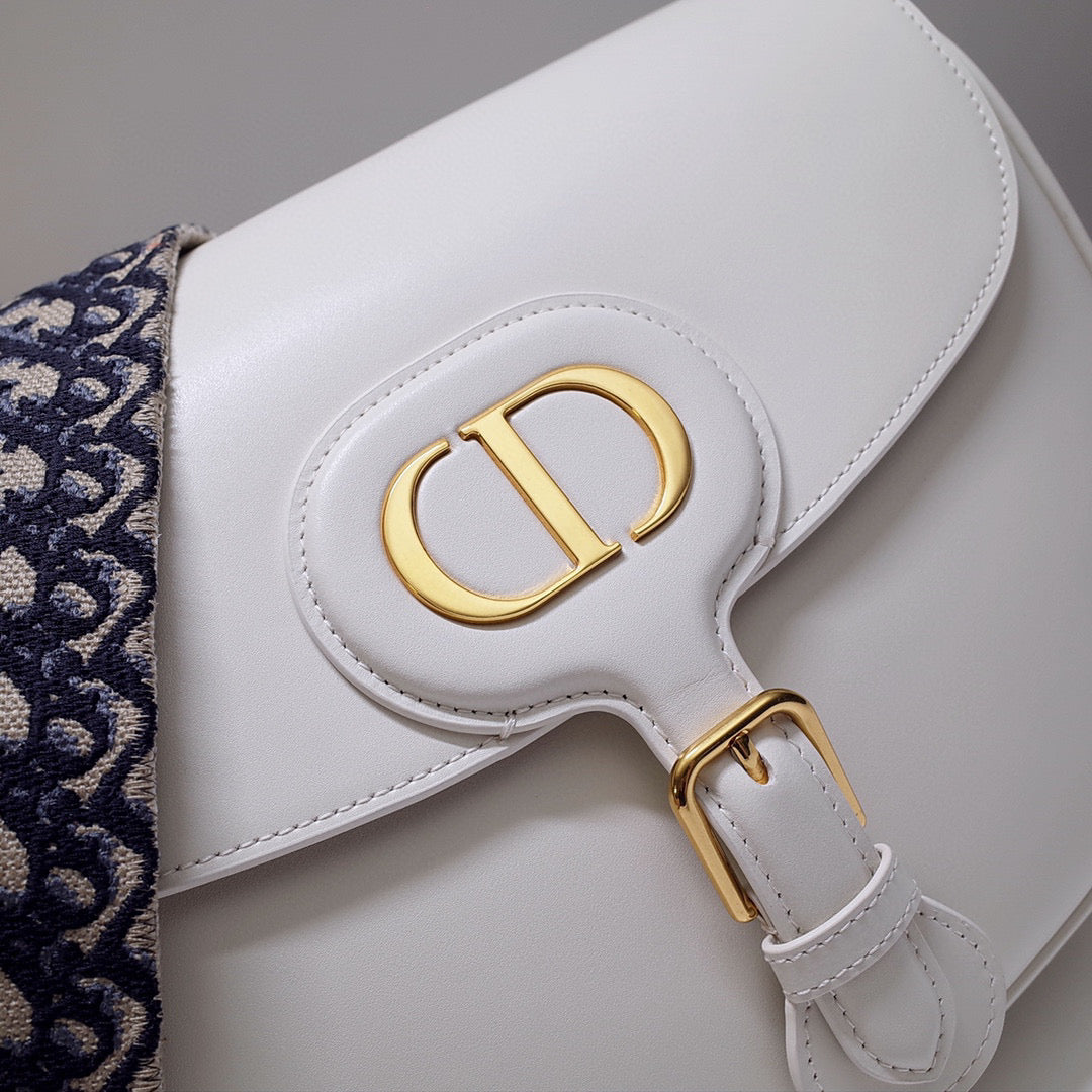Dior M9320 Large Bobby Bag white Box Calfskin with Blue Oblique Strap | dior m9320 large bobby bag white box calfskin with blue oblique strap 03