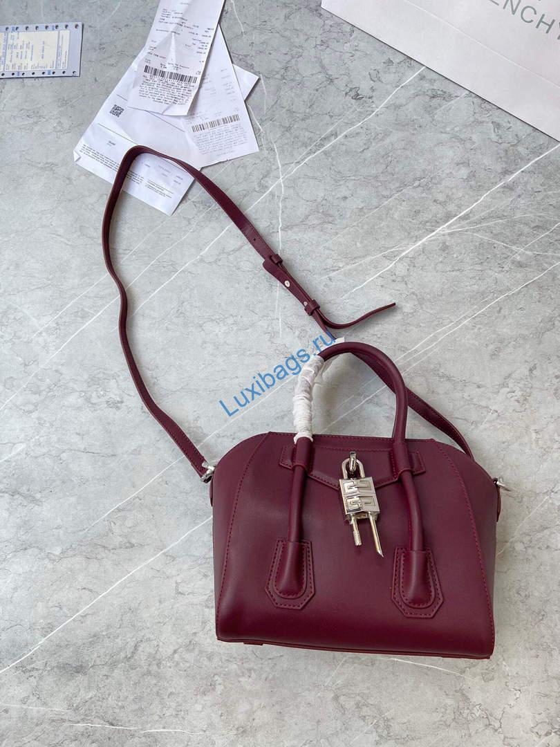Givenchy BB50J0B00D Mini Antigona Lock Bag in Box Leather Wine red | givenchy bb50j0b mini antigona lock bag in box leather 038