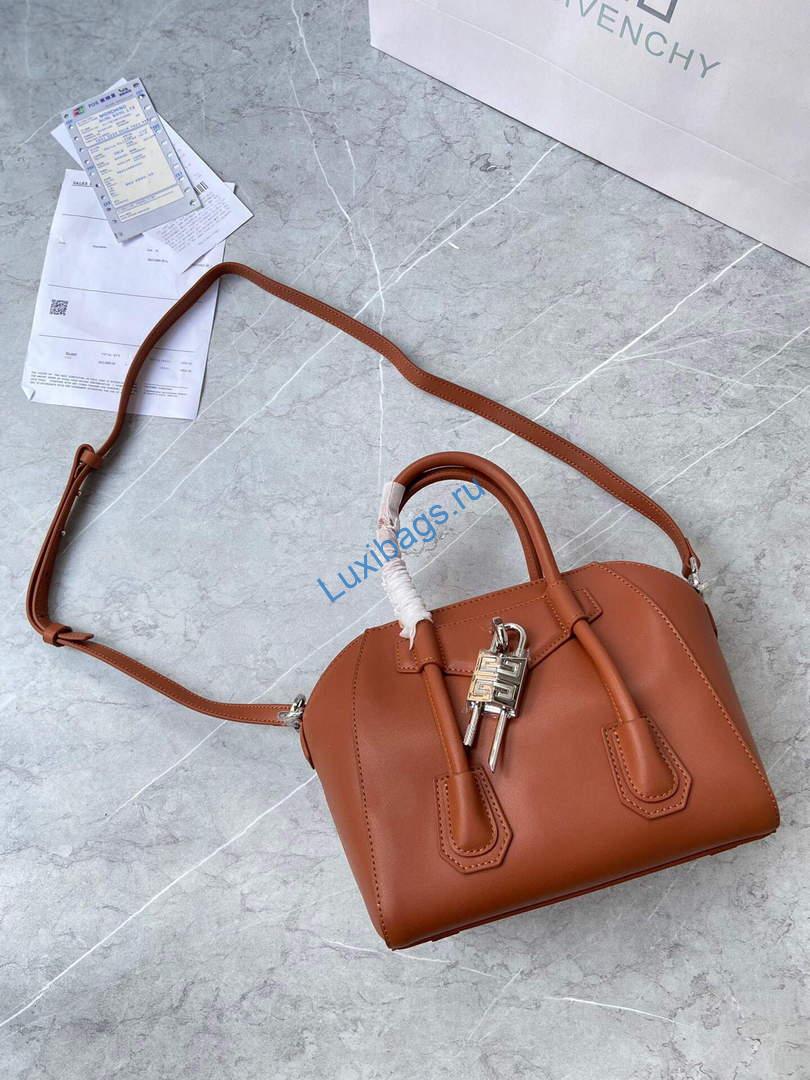 Givenchy BB50J0B00D Mini Antigona Lock Bag in Box Leather Brown | givenchy bb50j0b mini antigona lock bag in box leather 074