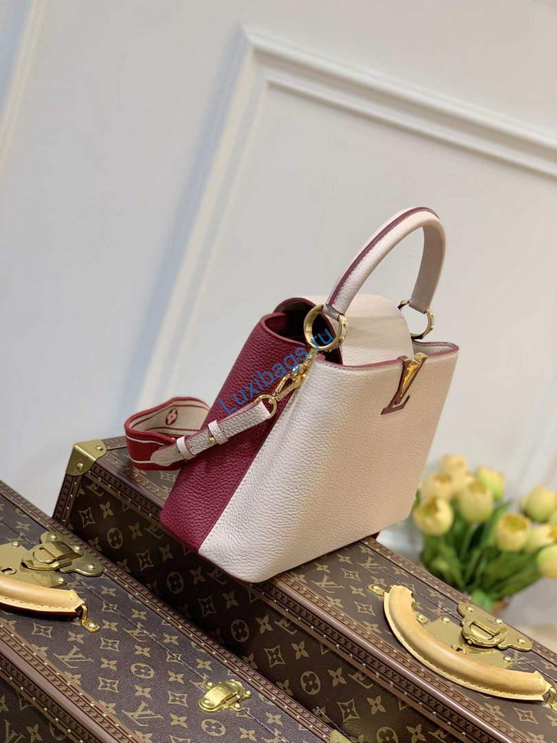 LV M58610 Louis Vuitton Capucines MM Handbag Beige and Wine red | lv m58610 louis vuitton capucines mm handbag beige and wine red 003