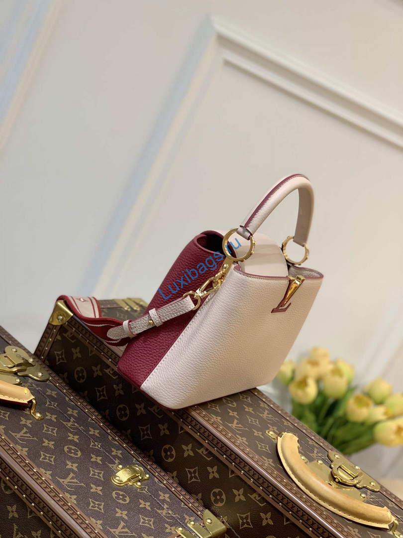 LV M58611 Louis Vuitton Capucines BB Handbag Beige and Wine red | lv m58611 louis vuitton capucines bb handbag beige and wine red 003