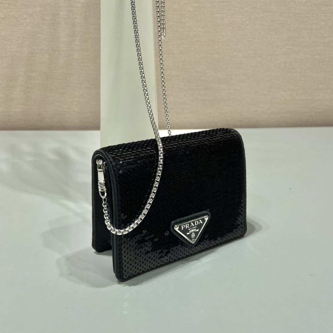 Prada Cardholder with shoulder strap and sequins 1MR024 Black | prada cardholder with shoulder strap and crystals 1mr024 black 012