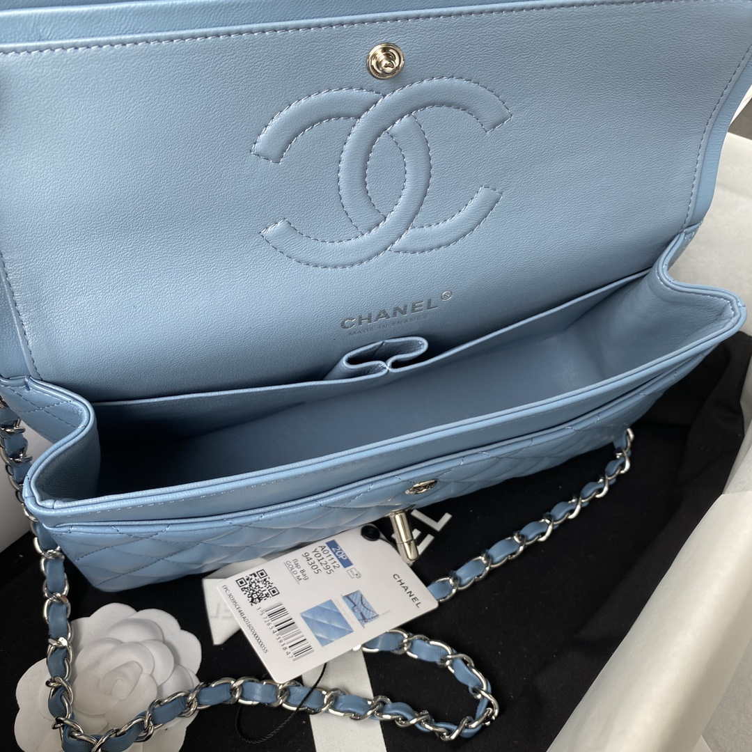 Chanel A01112 Flap Handbag Classic Bag Lambskin Sky Blue Silver | chanel a01112 flap handbag classic bag lambskin light 025