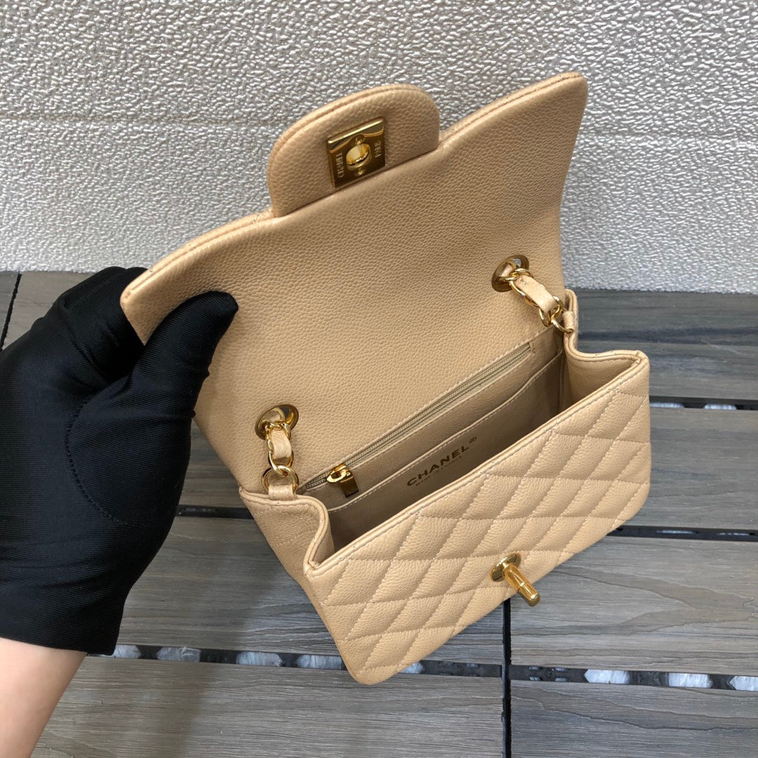 Chanel A35200 Mini Flap Bag 17cm Grained Calfskin Apricot Gold | chanel a35200 mini flap bag 17cm grained calfskin apricot 008