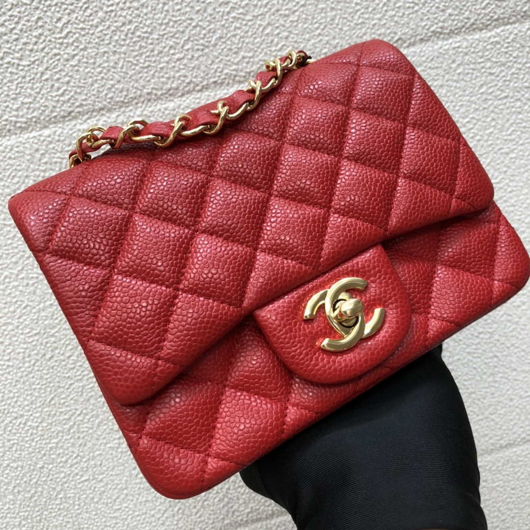 Chanel A35200 Mini Flap Bag 17cm Grained Calfskin Red Gold | chanel a35200 mini flap bag 17cm grained calfskin red 002