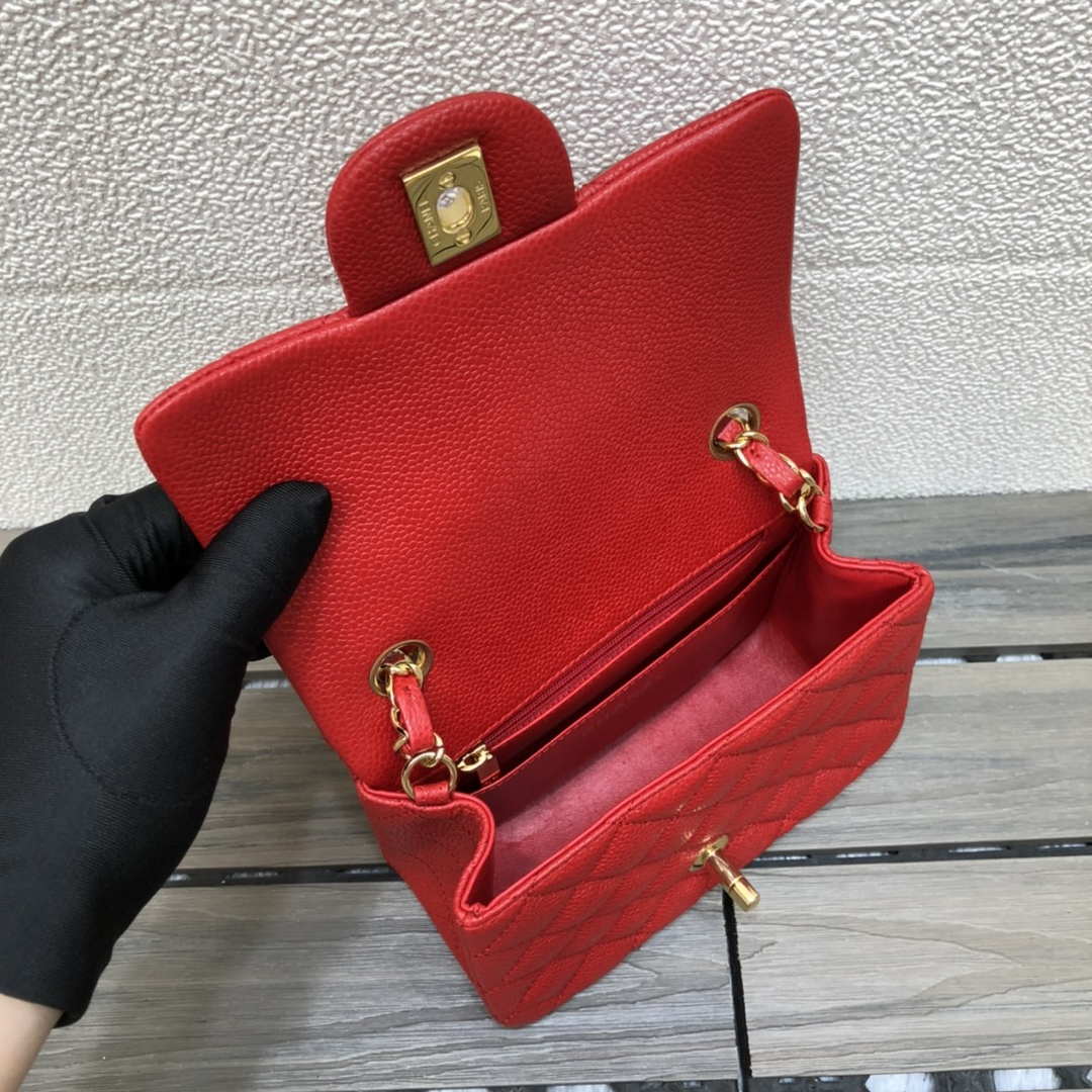 Chanel A35200 Mini Flap Bag 17cm Grained Calfskin Red Gold | chanel a35200 mini flap bag 17cm grained calfskin red 008