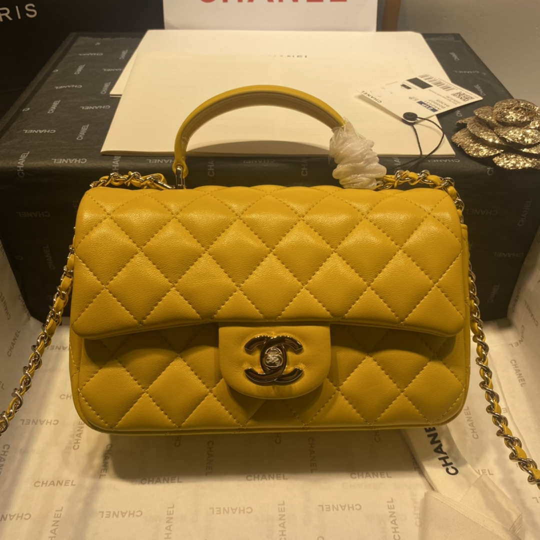 Chanel AS2431 Mini Flap Lambskin Bag with top Handle Yellow Bright gold | chanel as2431 mini flap lambskin bag with top handle yellow bright gold 002