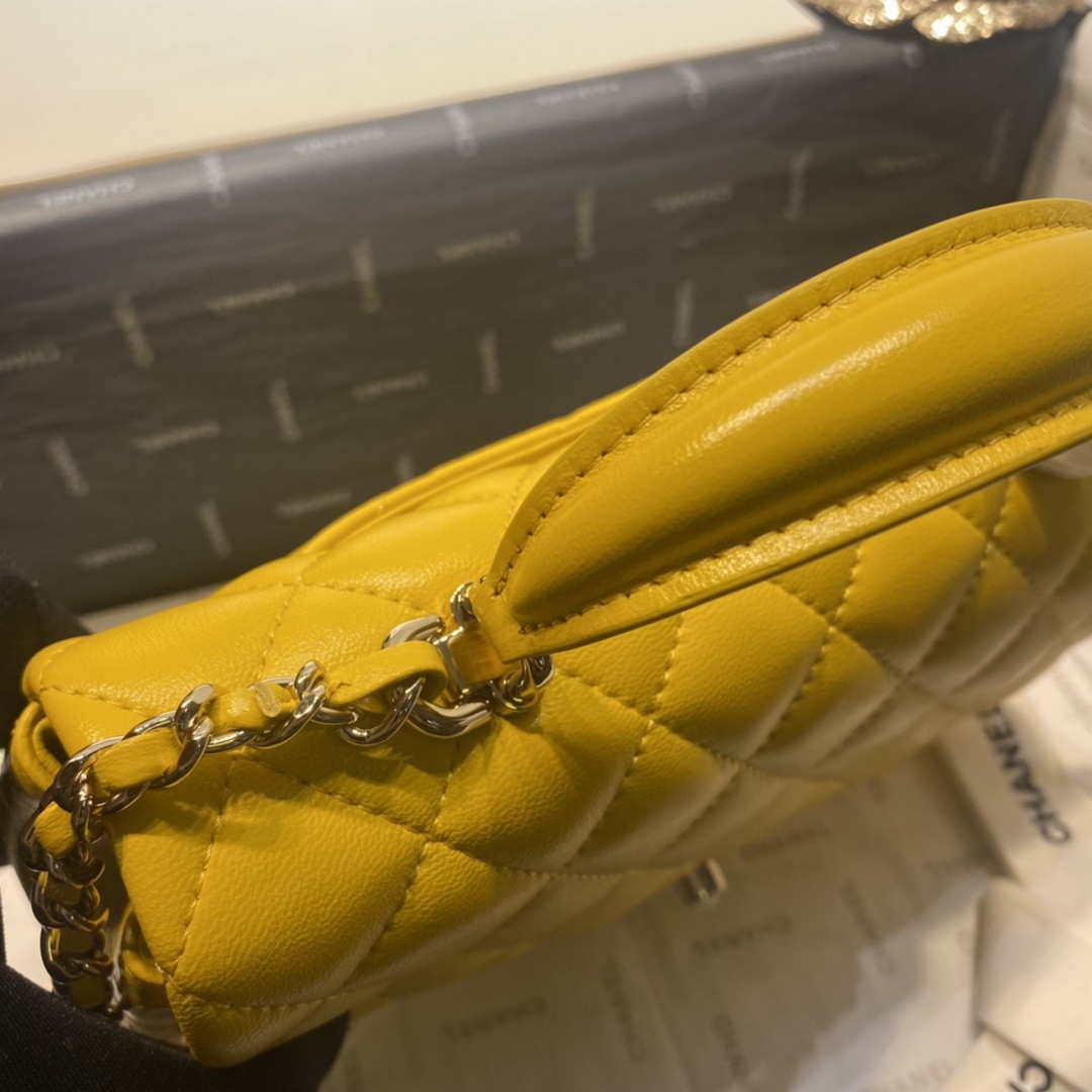 Chanel AS2431 Mini Flap Lambskin Bag with top Handle Yellow Bright gold | chanel as2431 mini flap lambskin bag with top handle yellow bright gold 003