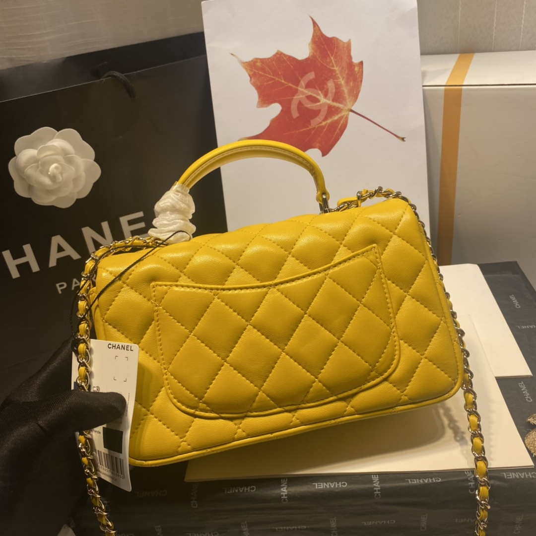 Chanel AS2431 Mini Flap Lambskin Bag with top Handle Yellow Bright gold | chanel as2431 mini flap lambskin bag with top handle yellow bright gold 005