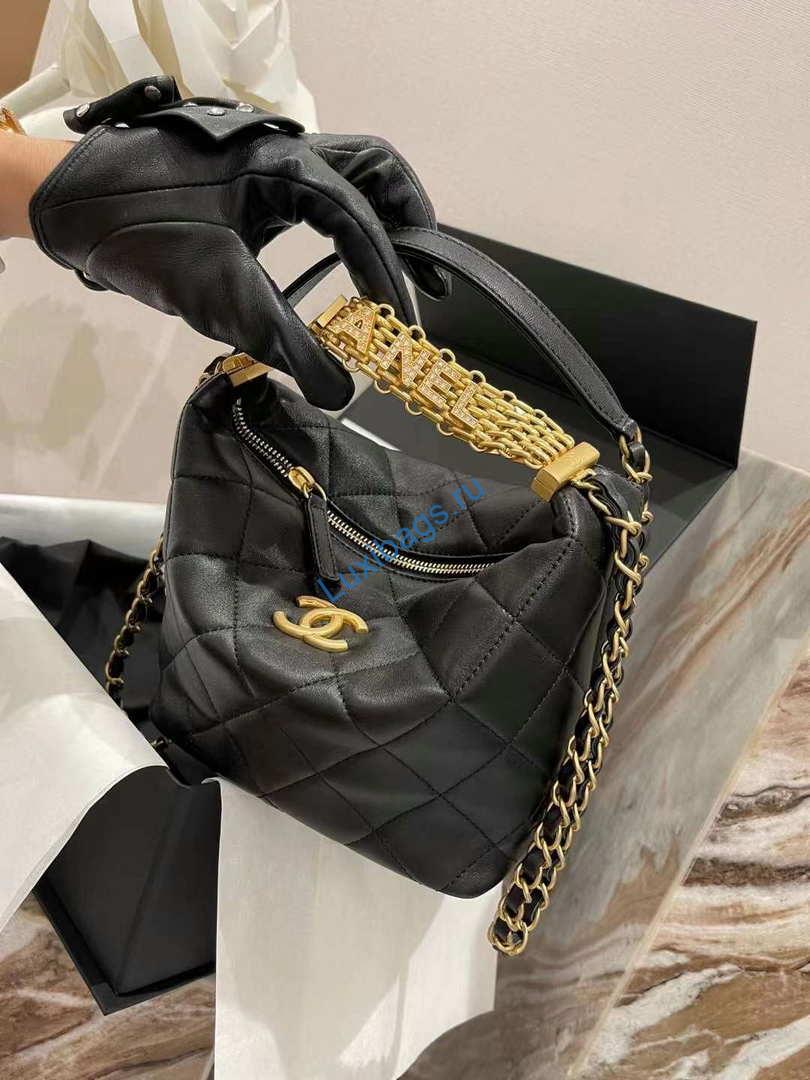 Chanel AS3242 Small Hobo Bag Lambskin Strass Gold-Tone Metal Black | chanel as3242 small hobo bag lambskin strass gold tone metal black 008
