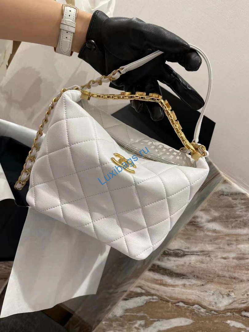 Chanel AS3242 Small Hobo Bag Lambskin Strass Gold-Tone Metal White | chanel as3242 small hobo bag lambskin strass gold tone metal white 005