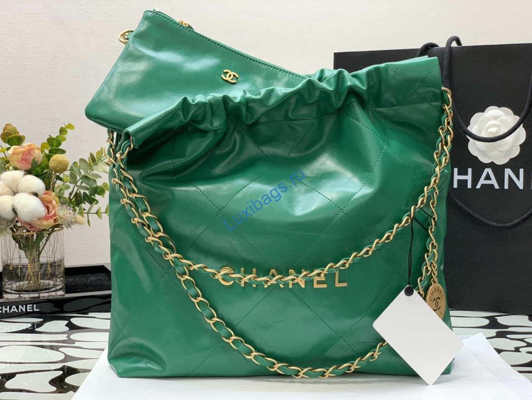 Chanel AS3260 22 Small Handbag Shiny Calfskin Green Gold Metal | chanel as3260 22 small handbag metallic calfskin 030