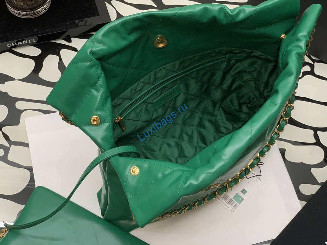 Chanel AS3260 22 Small Handbag Shiny Calfskin Green Gold Metal | chanel as3260 22 small handbag metallic calfskin 036
