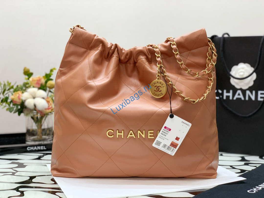 Chanel 22 Handbag Shiny Calfskin AS3261 Camel Gold-Tone Metal | chanel as3261 22 handbag metallic calfskin 047