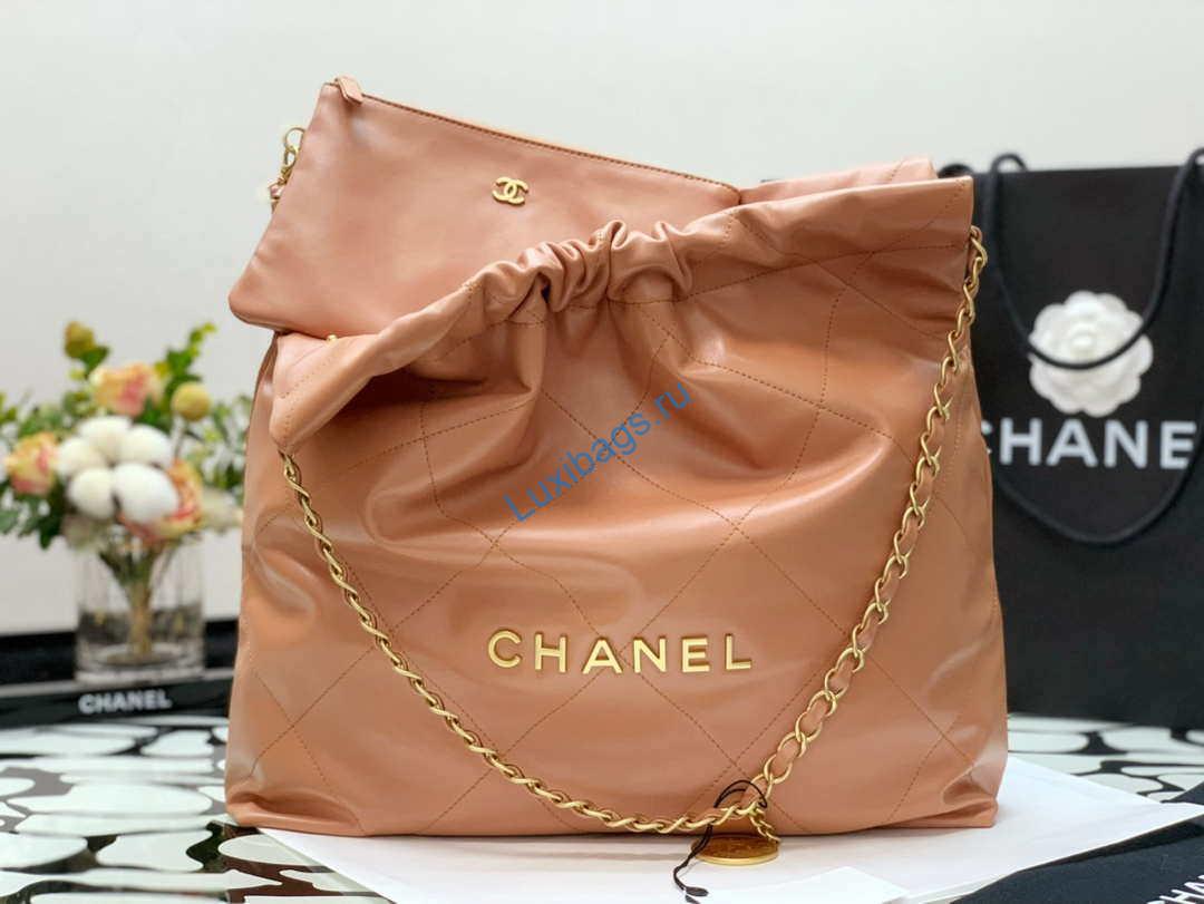 Chanel 22 Handbag Shiny Calfskin AS3261 Camel Gold-Tone Metal | chanel as3261 22 handbag metallic calfskin 048