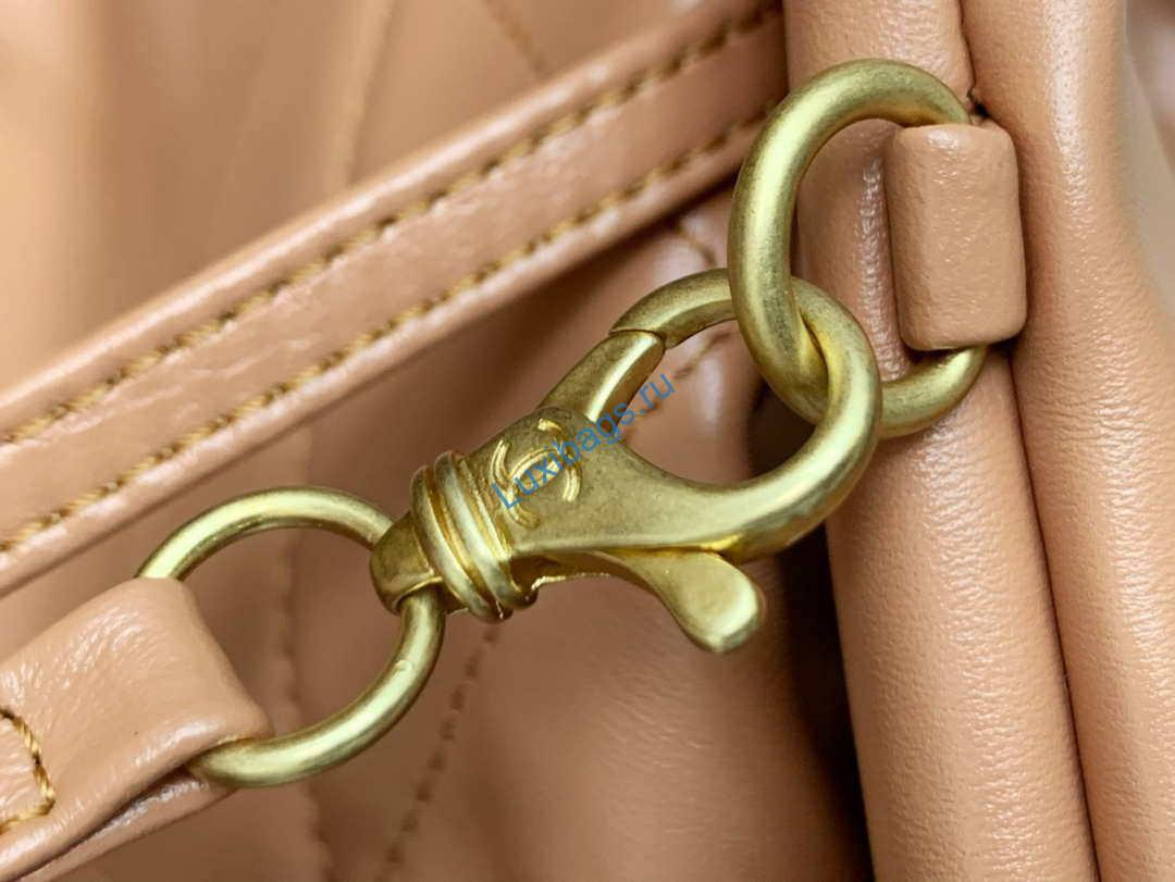 Chanel 22 Handbag Shiny Calfskin AS3261 Camel Gold-Tone Metal | chanel as3261 22 handbag metallic calfskin 051