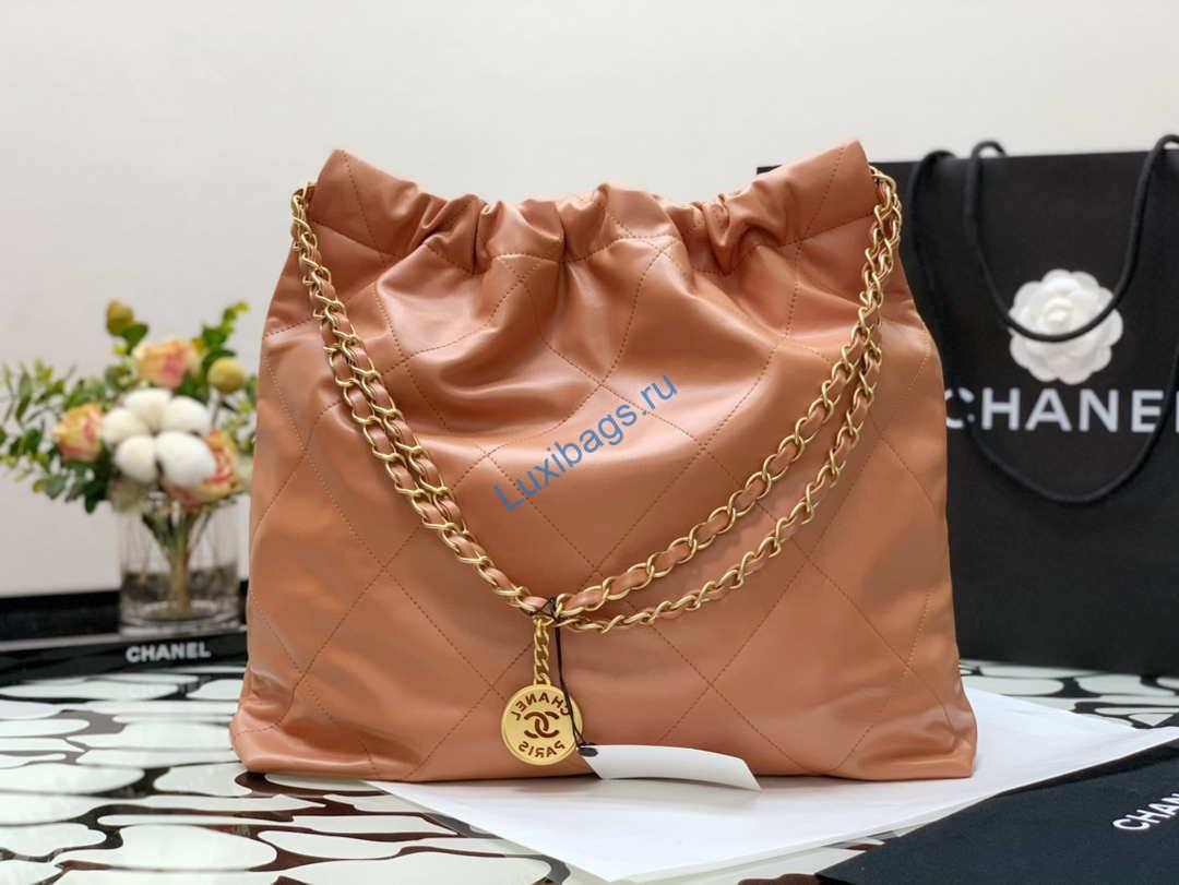 Chanel 22 Handbag Shiny Calfskin AS3261 Camel Gold-Tone Metal | chanel as3261 22 handbag metallic calfskin 052