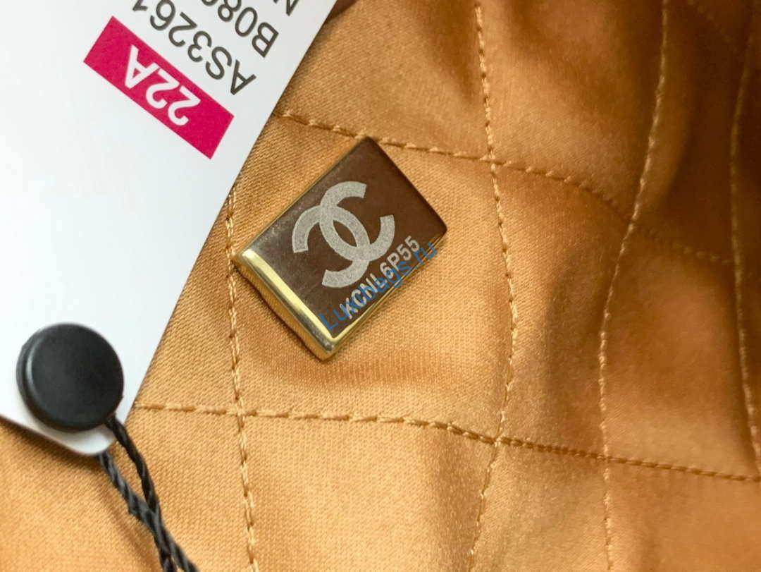 Chanel 22 Handbag Shiny Calfskin AS3261 Camel Gold-Tone Metal | chanel as3261 22 handbag metallic calfskin 053