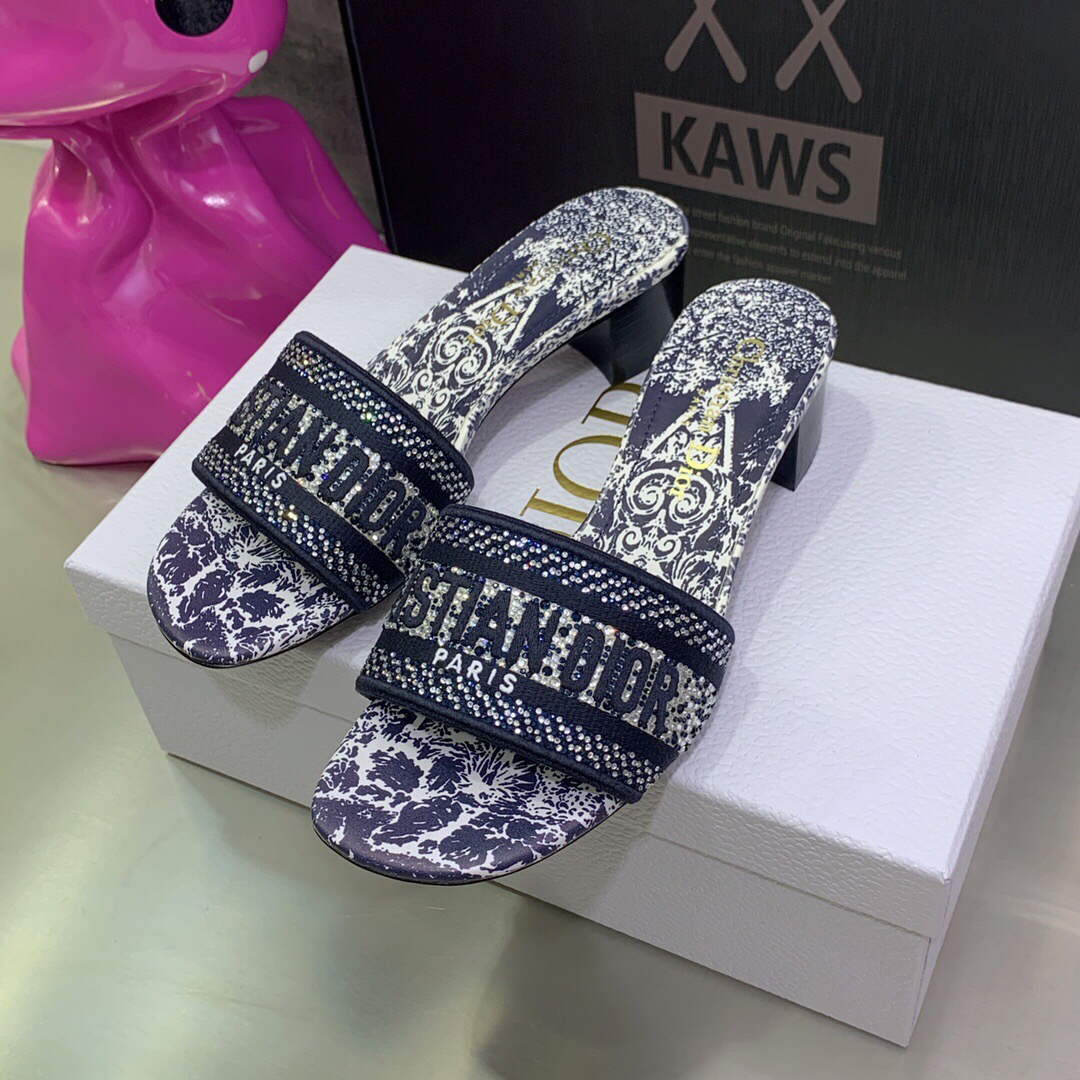 Dior Women's Shoes Dway Heeled Slide Metallic Thread Strass KCQ244CHS Navy blue | dior womens shoes dway heeled slide metallic thread strass kcq244chs 033