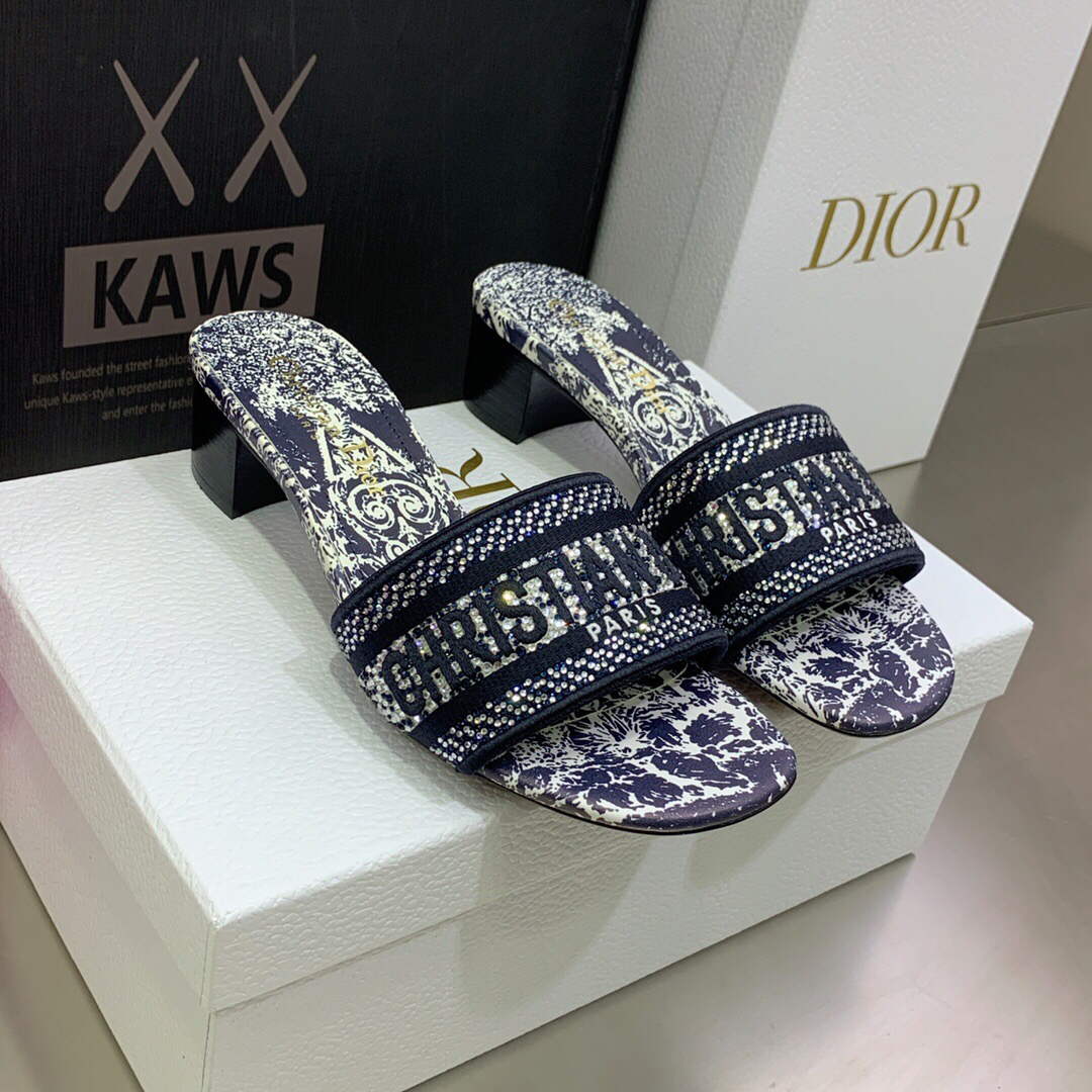 Dior Women's Shoes Dway Heeled Slide Metallic Thread Strass KCQ244CHS Navy blue | dior womens shoes dway heeled slide metallic thread strass kcq244chs 034