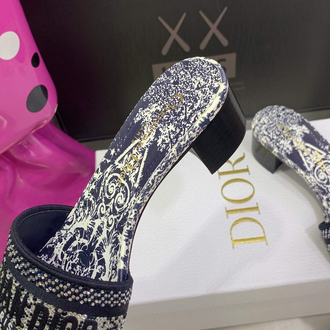 Dior Women's Shoes Dway Heeled Slide Metallic Thread Strass KCQ244CHS Navy blue | dior womens shoes dway heeled slide metallic thread strass kcq244chs 038