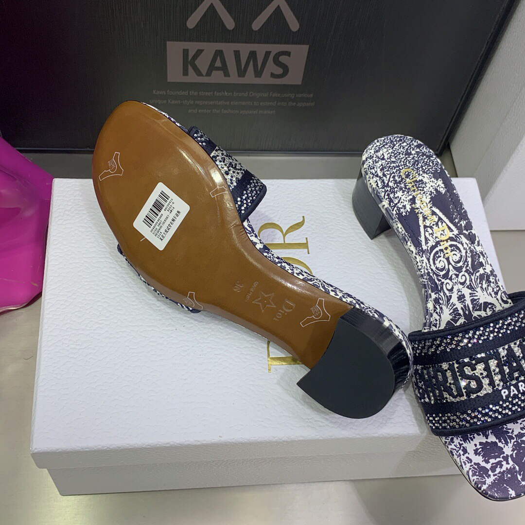Dior Women's Shoes Dway Heeled Slide Metallic Thread Strass KCQ244CHS Navy blue | dior womens shoes dway heeled slide metallic thread strass kcq244chs 040