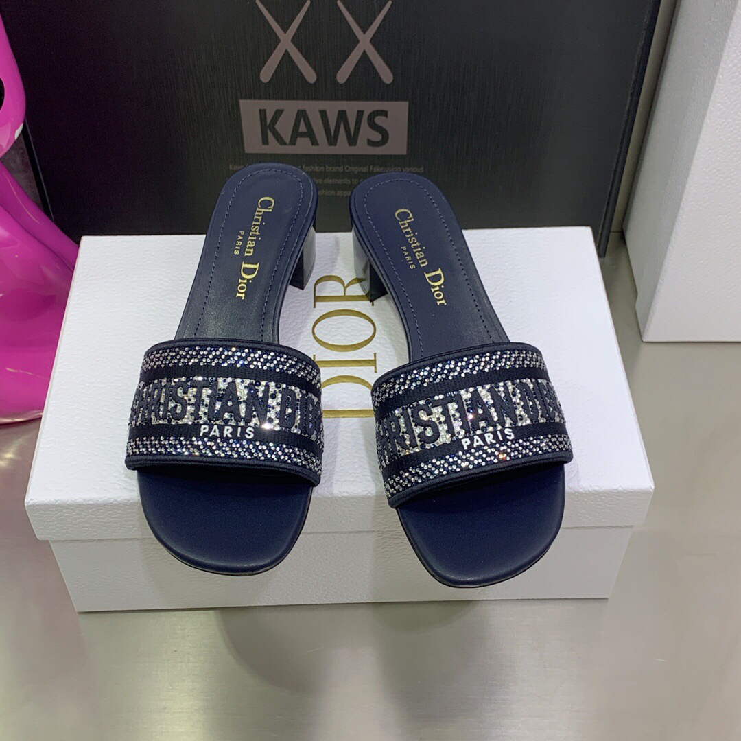 Dior Women's Shoes Dway Heeled Slide Metallic Thread Strass KCQ244LCS Navy blue | dior womens shoes dway heeled slide metallic thread strass kcq244lcs 023