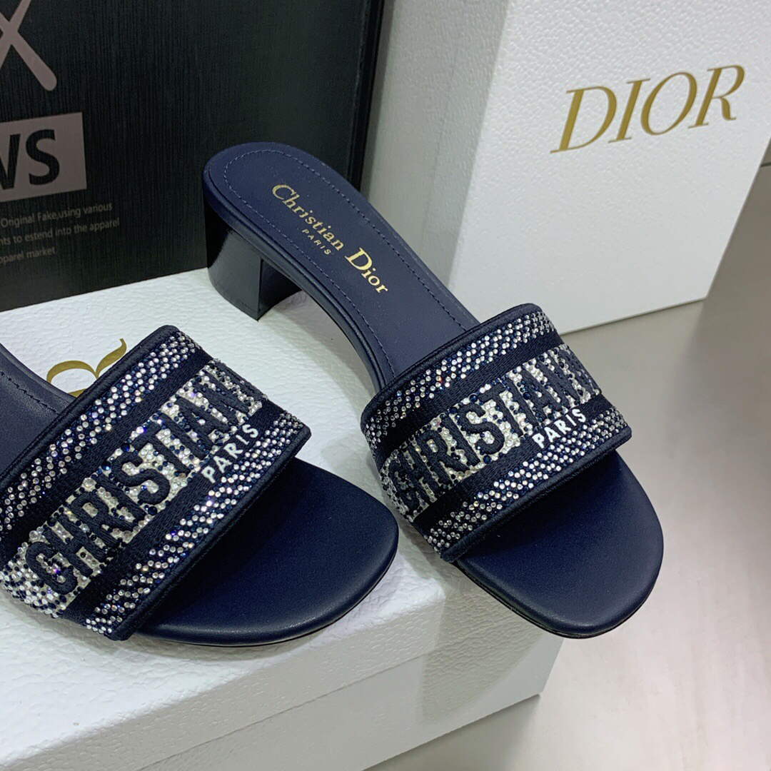 Dior Women's Shoes Dway Heeled Slide Metallic Thread Strass KCQ244LCS Navy blue | dior womens shoes dway heeled slide metallic thread strass kcq244lcs 024