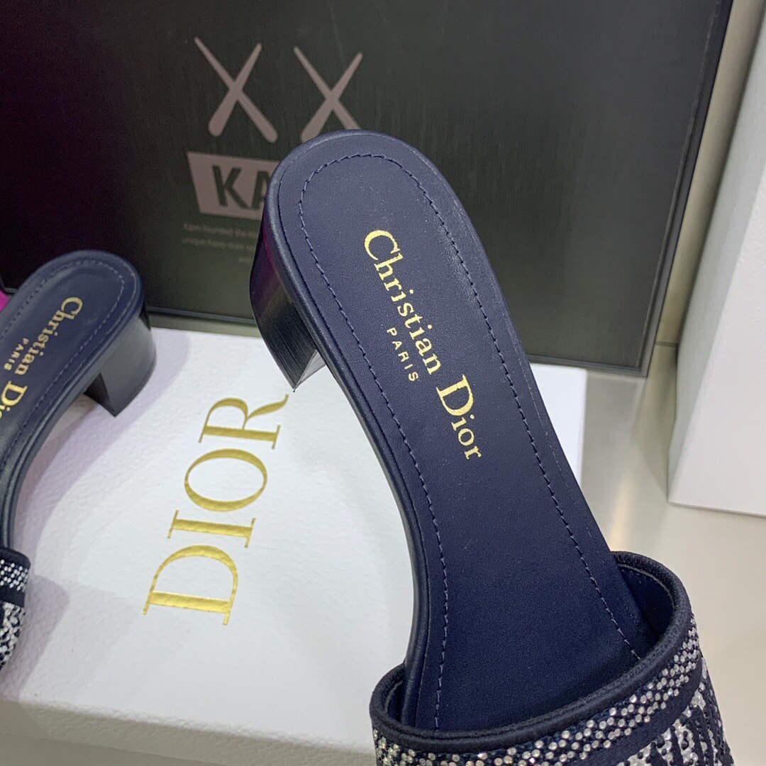 Dior Women's Shoes Dway Heeled Slide Metallic Thread Strass KCQ244LCS Navy blue | dior womens shoes dway heeled slide metallic thread strass kcq244lcs 027