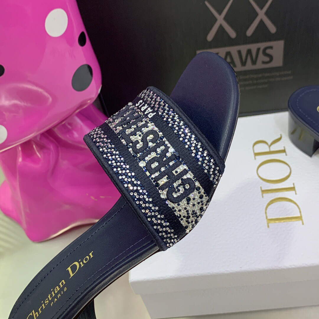 Dior Women's Shoes Dway Heeled Slide Metallic Thread Strass KCQ244LCS Navy blue | dior womens shoes dway heeled slide metallic thread strass kcq244lcs 028