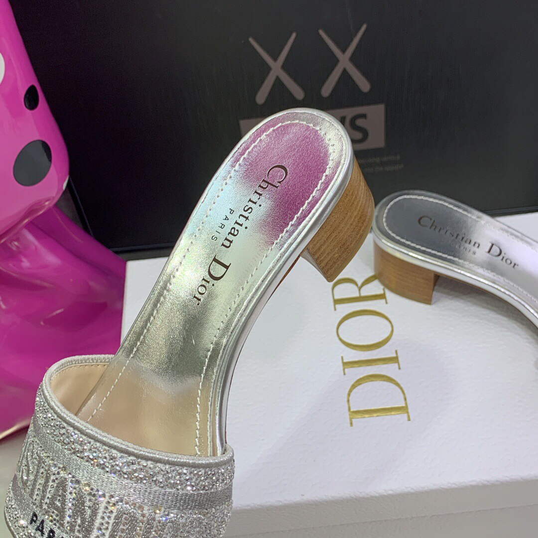 Dior Women's Shoes Dway Heeled Slide Metallic Thread Strass KCQ244LCS Silver | dior womens shoes dway heeled slide metallic thread strass kcq244lcs 067