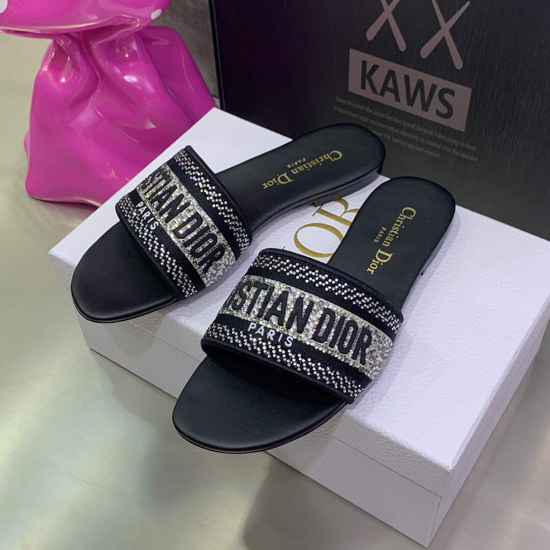 Dior Women's Shoes Dway Slide Diamond Embroidered KCQ166ERC Black | dior womens shoes dway slide embroidered kcq166erc 073
