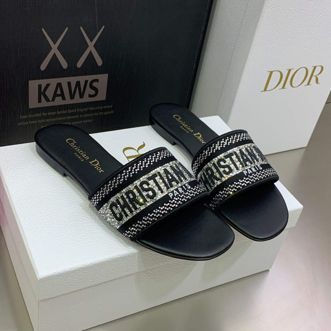 Dior Women's Shoes Dway Slide Diamond Embroidered KCQ166ERC Black | dior womens shoes dway slide embroidered kcq166erc 074