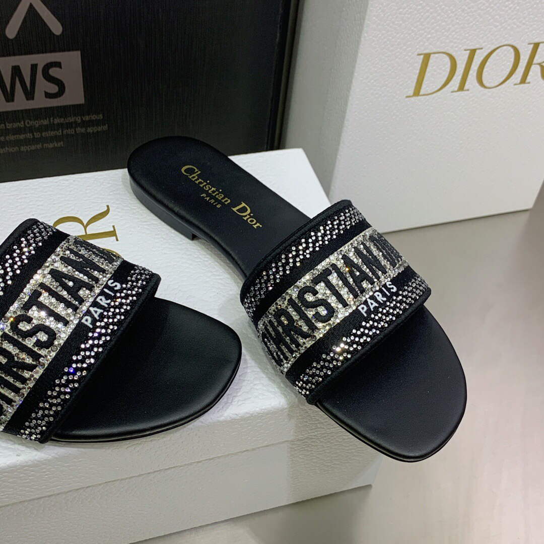Dior Women's Shoes Dway Slide Diamond Embroidered KCQ166ERC Black | dior womens shoes dway slide embroidered kcq166erc 075